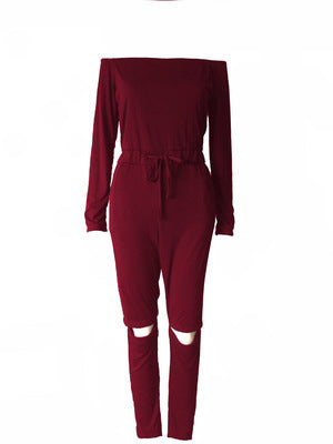 One-Shoulder Ripped Skinny Jumpsuit with Belt