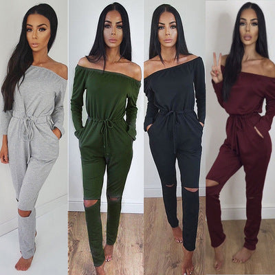 One-Shoulder Ripped Skinny Jumpsuit with Belt