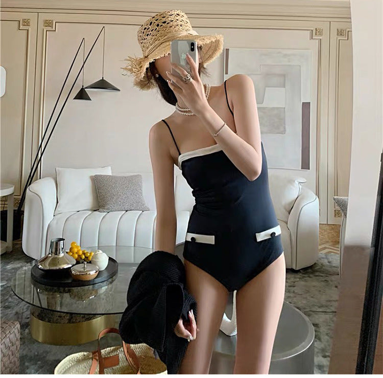 Retro Square Neck One-Piece Sling Swimsuit