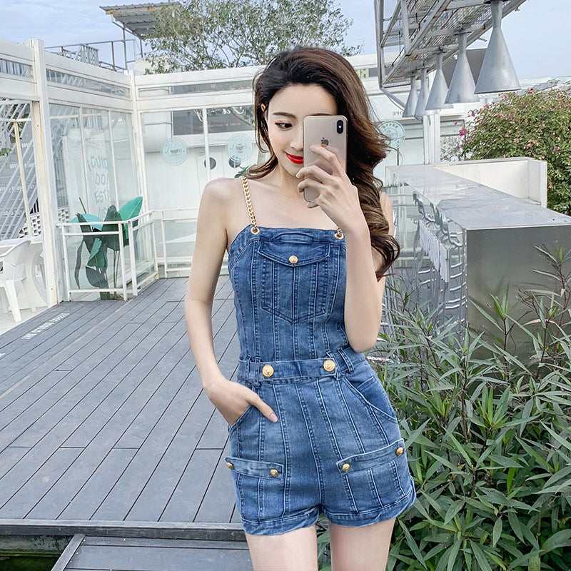 Women's High-Waist Denim Overalls Slimming Shorts