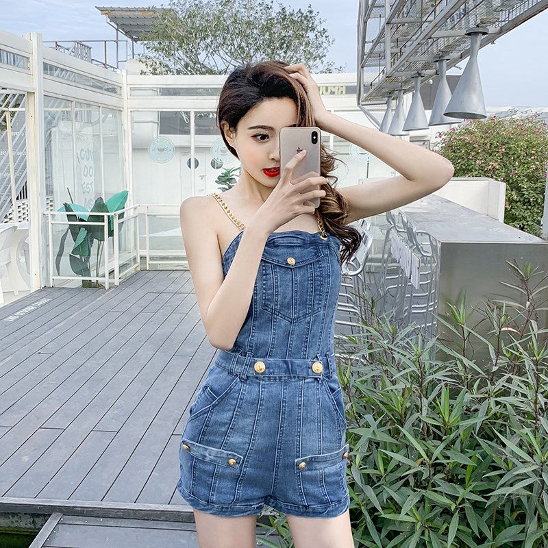 Women's High-Waist Denim Overalls Slimming Shorts