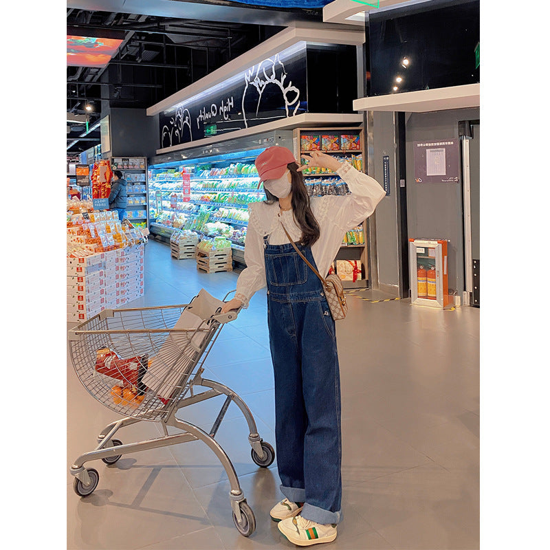Women's High-Waisted Blue Denim Wide-Leg Overalls