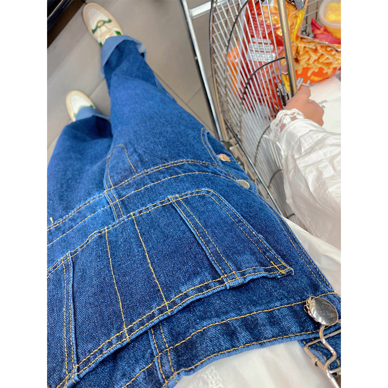 Women's High-Waisted Blue Denim Wide-Leg Overalls