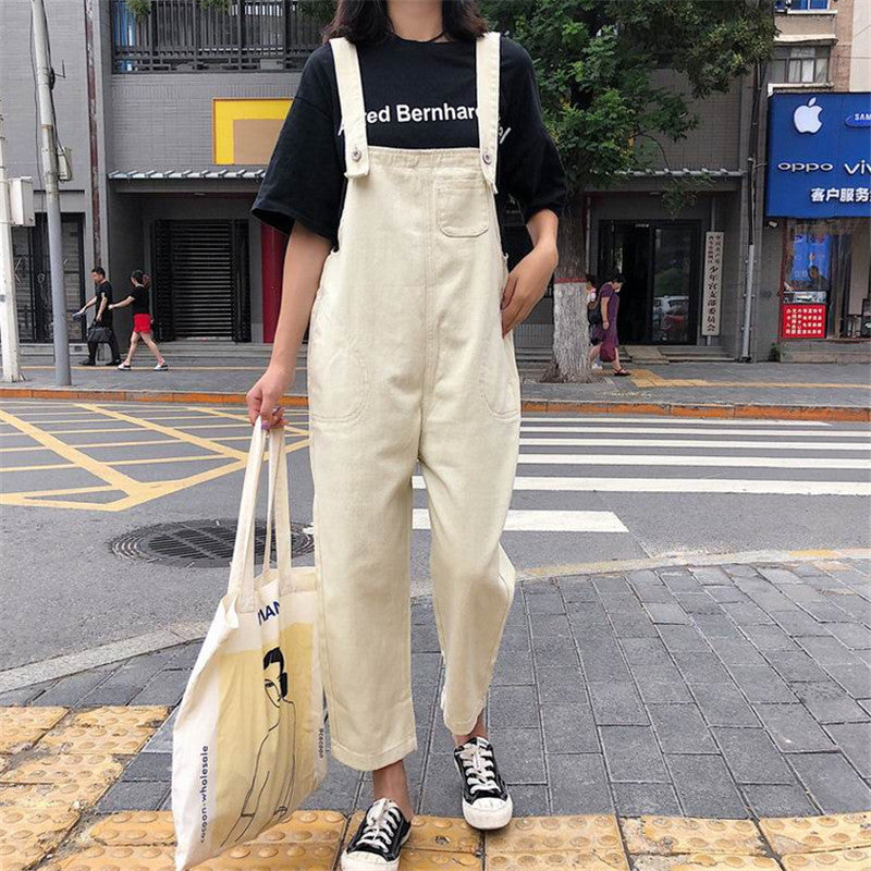 Korean Style Loose Denim Overalls Straight Leg Jumpsuit Trousers