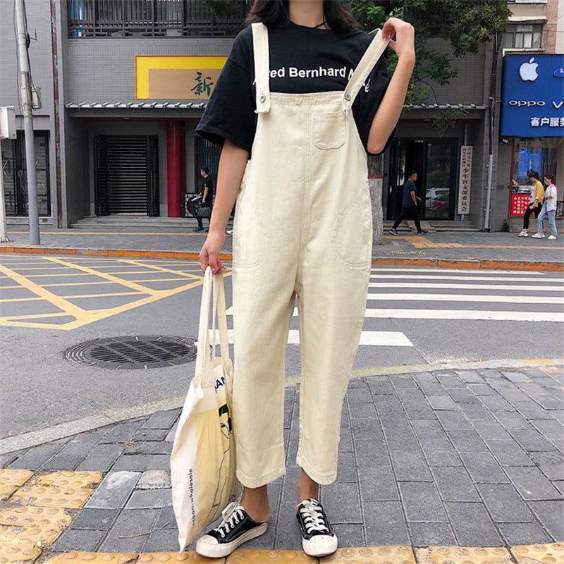 Korean Style Loose Denim Overalls Straight Leg Jumpsuit Trousers