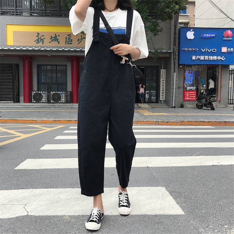 Korean Style Loose Denim Overalls Straight Leg Jumpsuit Trousers