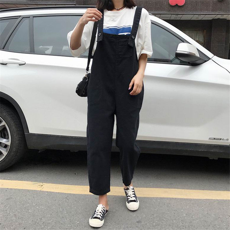 Korean Style Loose Denim Overalls Straight Leg Jumpsuit Trousers