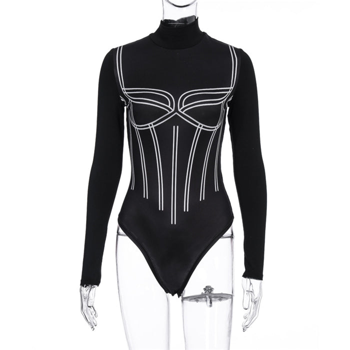 Sexy Striped Long Sleeve Black Bodysuit Jumpsuit