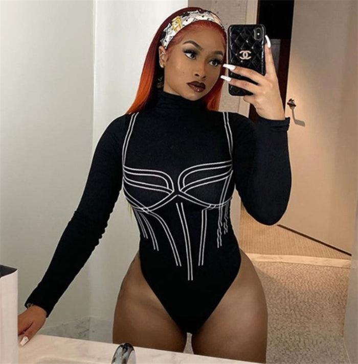 Sexy Striped Long Sleeve Black Bodysuit Jumpsuit