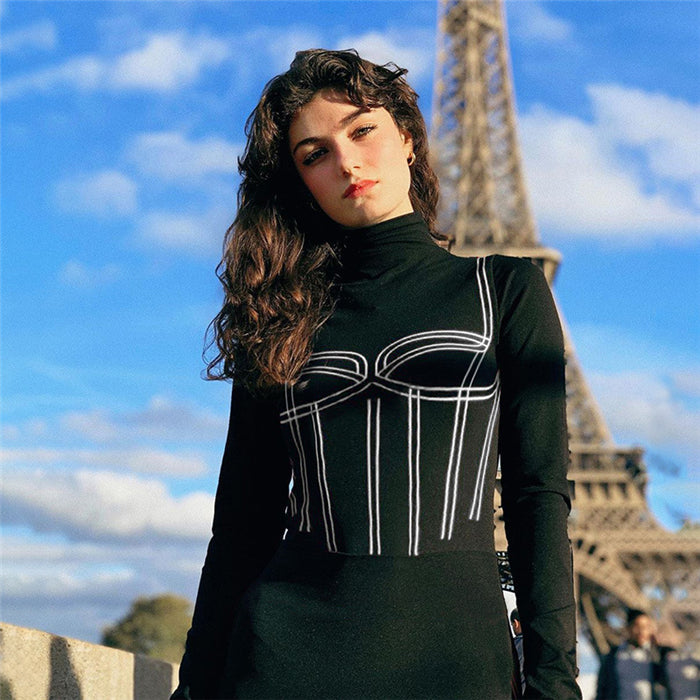 Sexy Striped Long Sleeve Black Bodysuit Jumpsuit