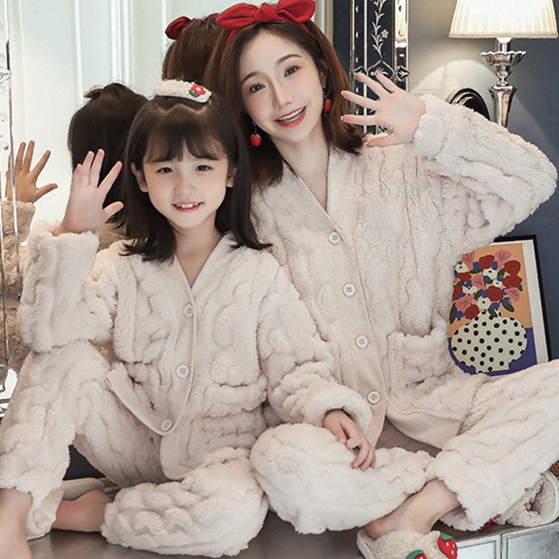 Cozy Coral Velvet Pajamas Set for Girls & Mom