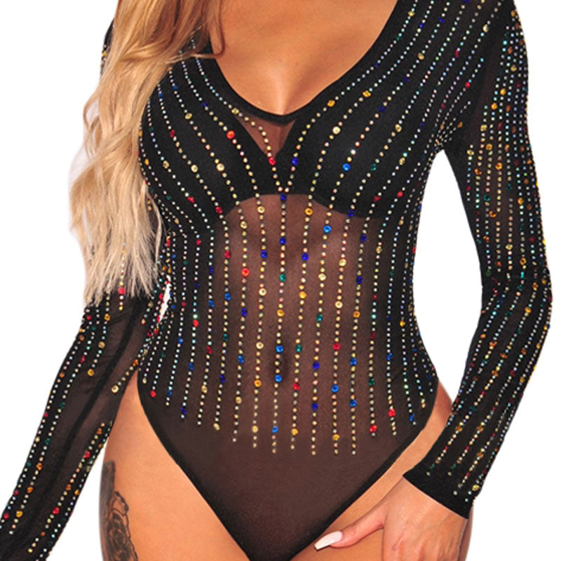 Black Mesh Rainbow Crystal Embellished Jumpsuit