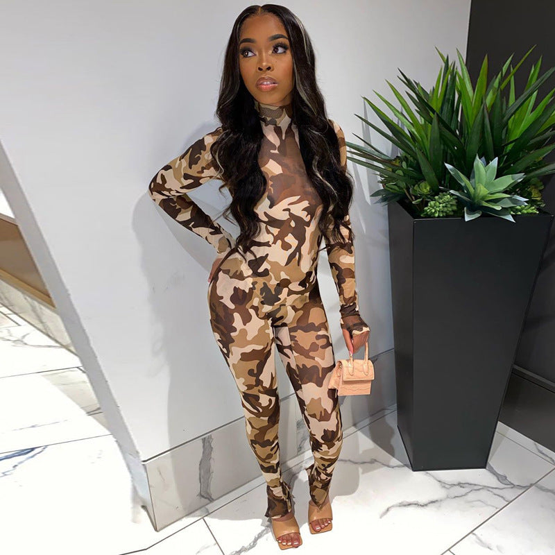 Camo Long Sleeve Sports Romper & Body Shaping Yoga Jumpsuit