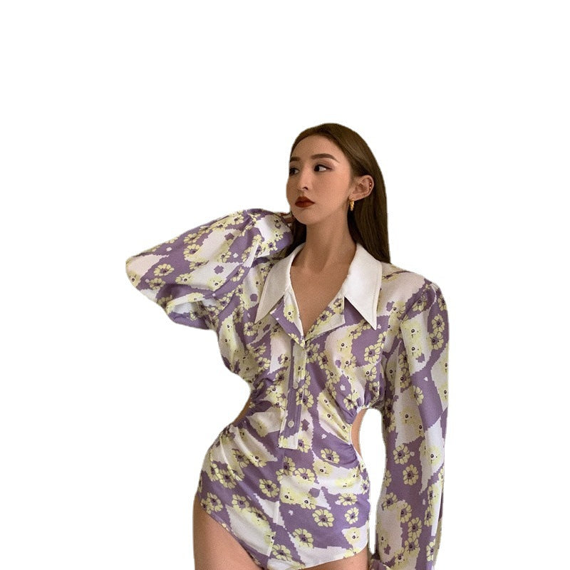 Floral Print Long Sleeve Lapel Waist Shirt Dress
