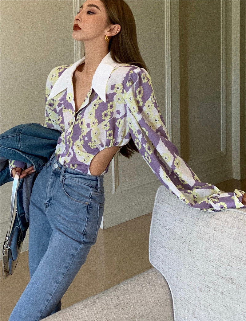 Floral Print Long Sleeve Lapel Waist Shirt Dress