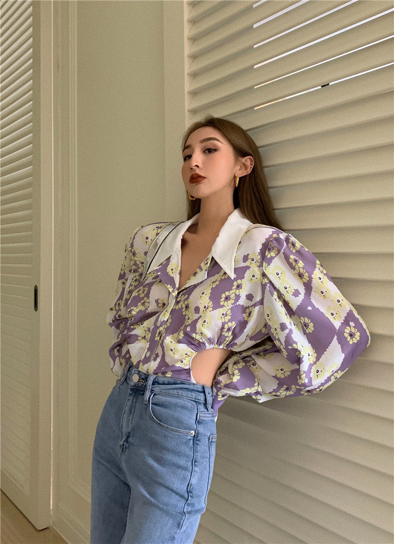 Floral Print Long Sleeve Lapel Waist Shirt Dress