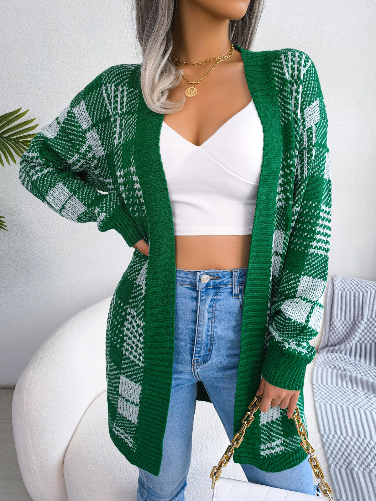 Women Plaid Tie Lantern Sleeve Casual Cardigan Sweater