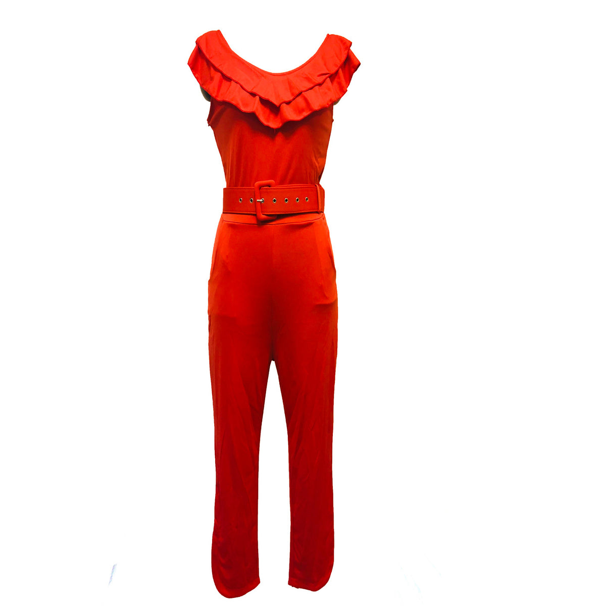 Chic Layered Ruffle High-Waist Jumpsuit with Belt