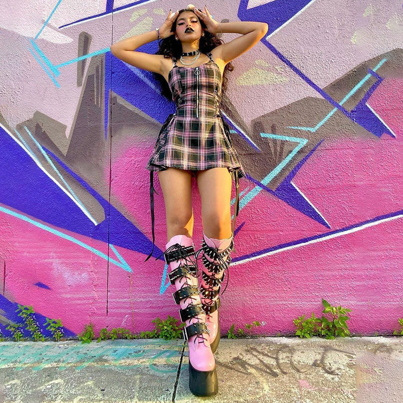 Chic Plaid Drawstring Zipper Dress