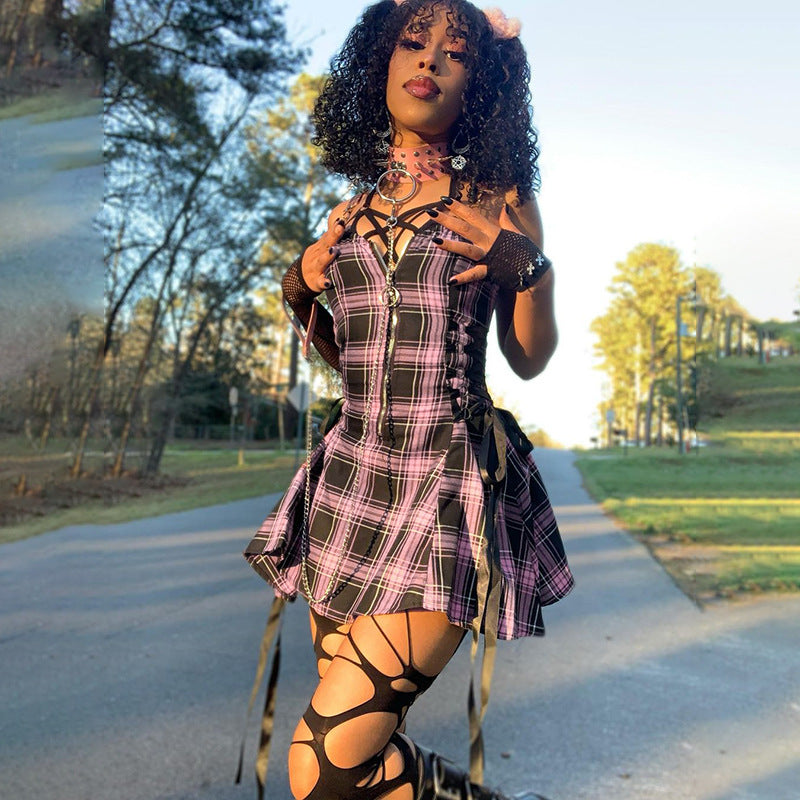 Chic Plaid Drawstring Zipper Dress