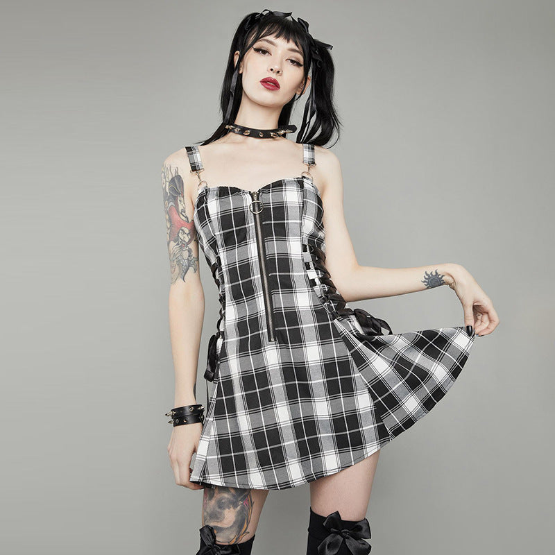 Chic Plaid Drawstring Zipper Dress