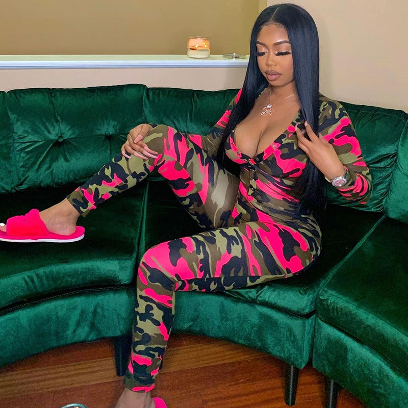 Camo V-Neck Sexy One-Piece Pajama Romper