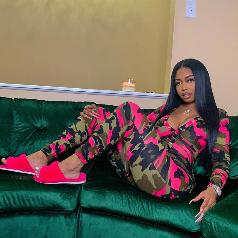 Camo V-Neck Sexy One-Piece Pajama Romper