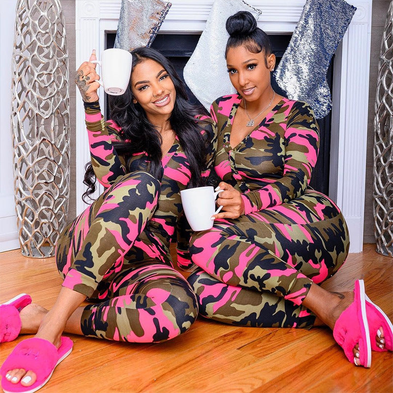 Camo V-Neck Sexy One-Piece Pajama Romper