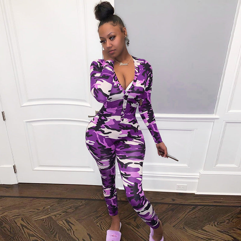 Camo V-Neck Sexy One-Piece Pajama Romper