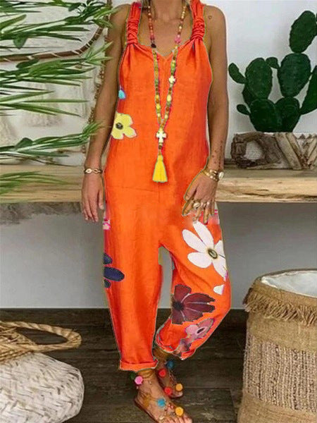 Casual Plus-Size Printed Jumpsuit Loose Bib Overalls