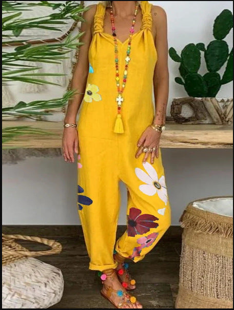 Casual Plus-Size Printed Jumpsuit Loose Bib Overalls