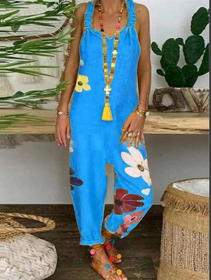 Casual Plus-Size Printed Jumpsuit Loose Bib Overalls