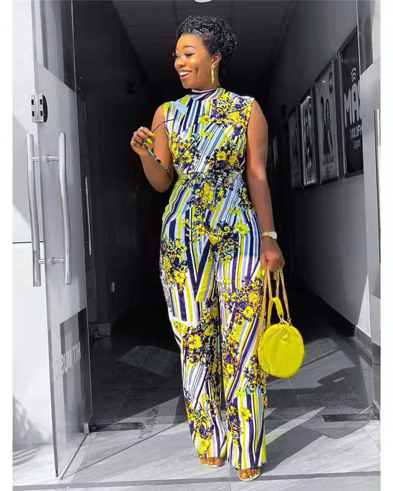 Digital Print High Stretch Sleeveless Wide Leg High Waist Jumpsuit