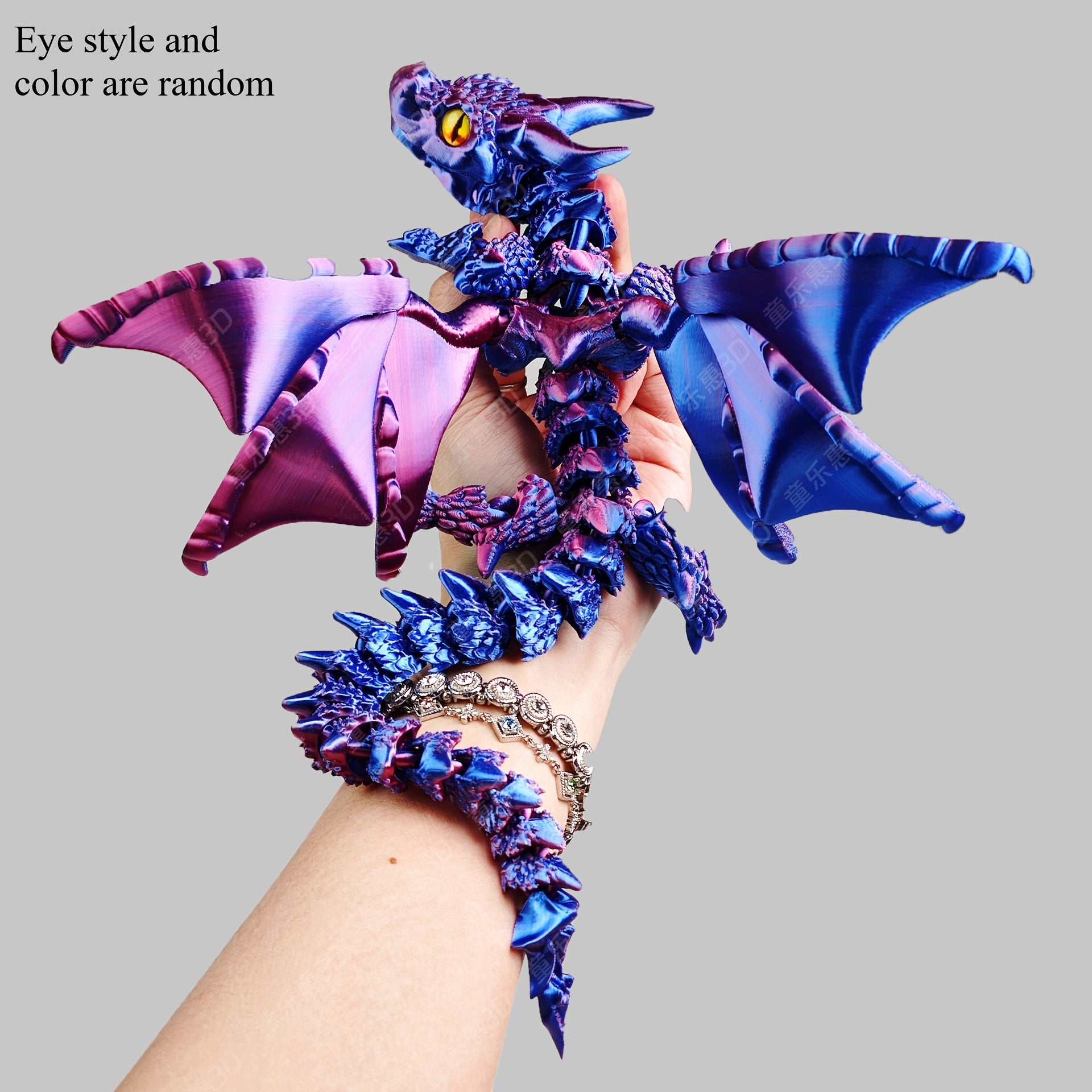 Flying dragon figurine with holographic 3D print and articulated wings