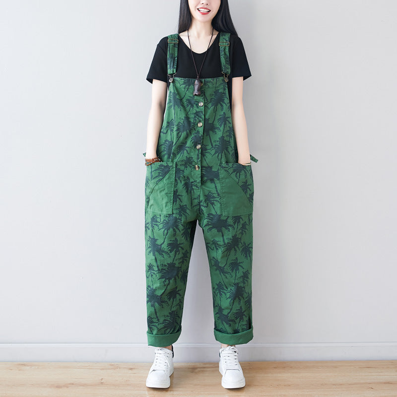 Coconut Tree Print Plus Size Bib Pants