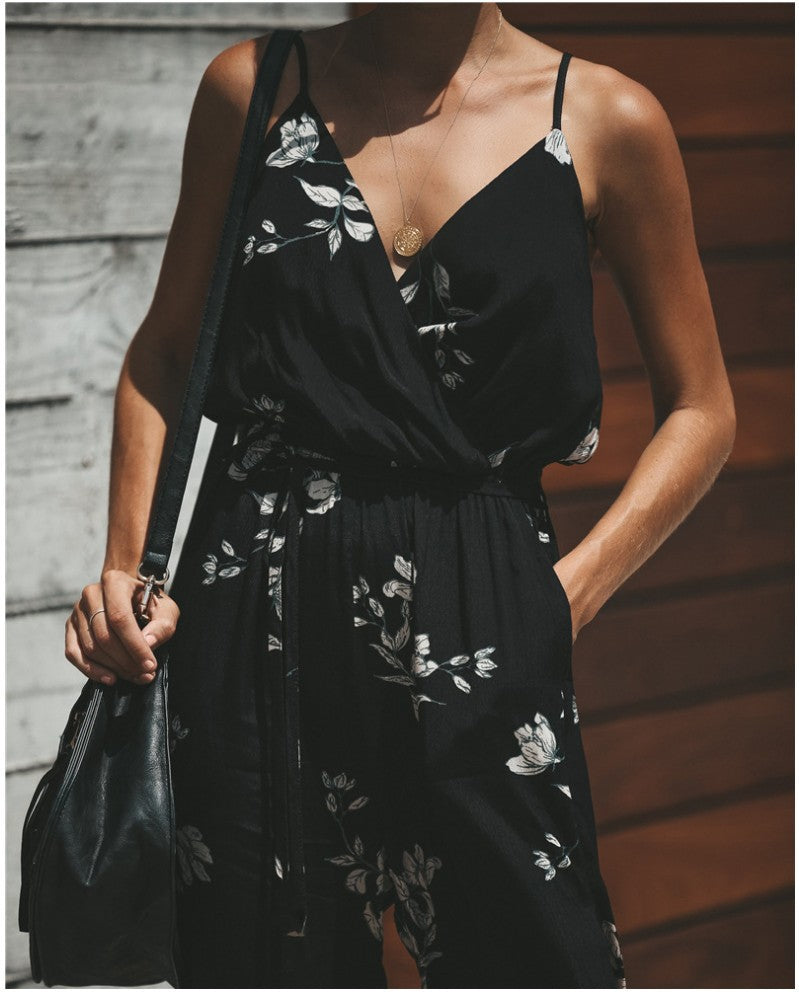 Sexy Backless V-Neck Printed Jumpsuit with Pockets