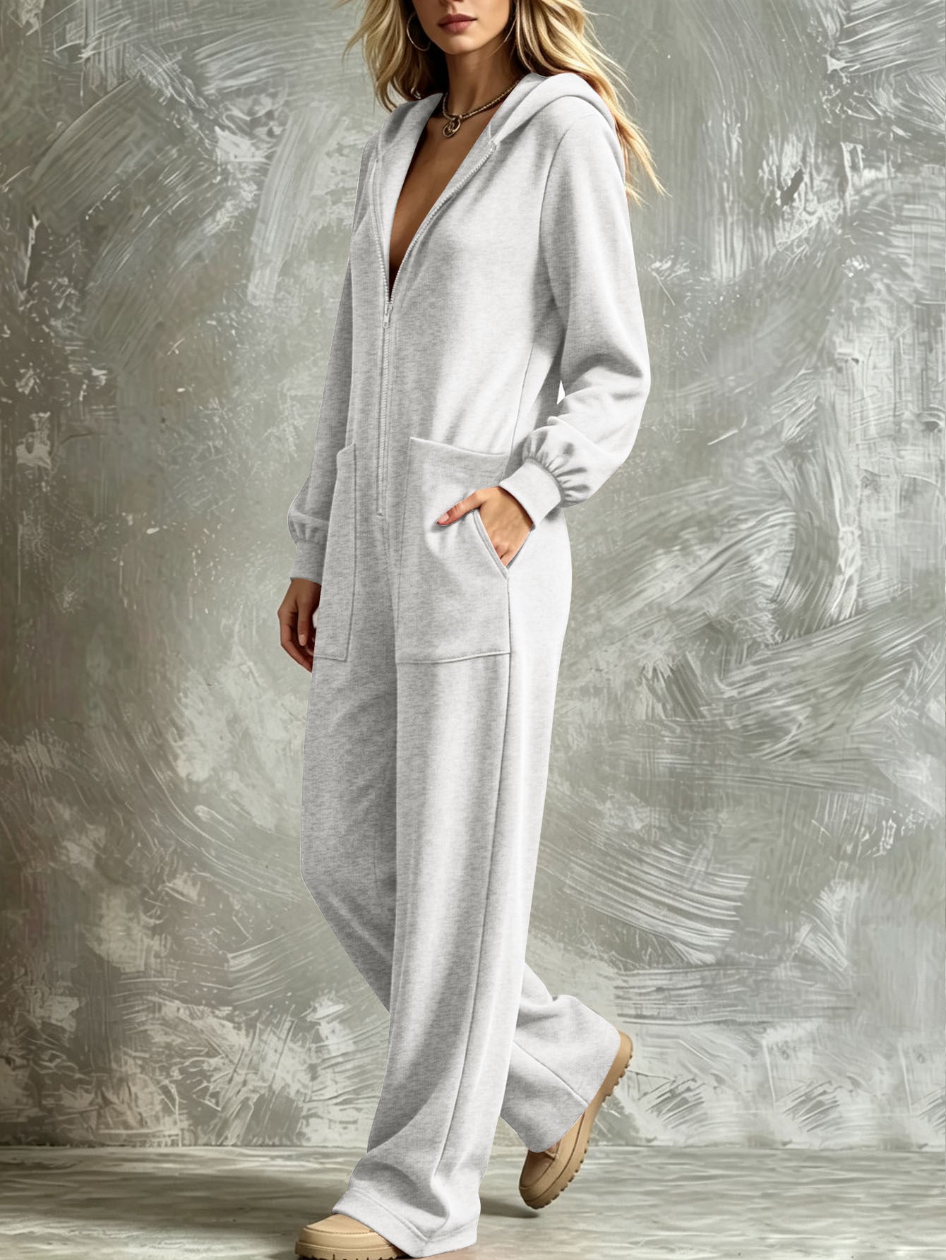 Women's Casual Hooded Full-Zip Wide-Leg Jumpsuit