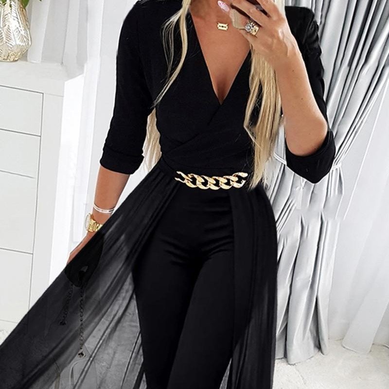 Women's V-Neck Jumpsuit with Mesh Patchwork