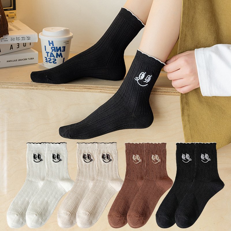 White Embroidered Crew Socks for Women