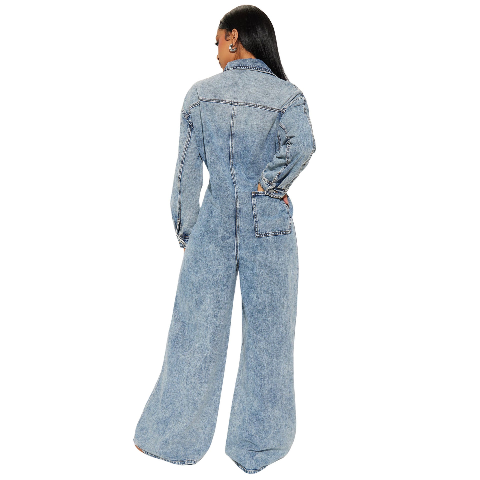 Stretchy Washed Denim Long-Sleeve Flared Jumpsuit