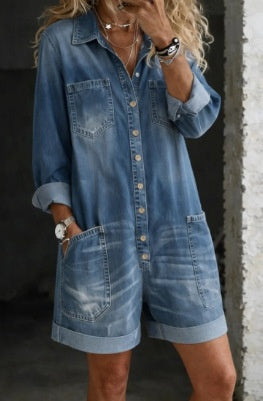 Loose-fit Faux Denim One-piece Shorts For Women