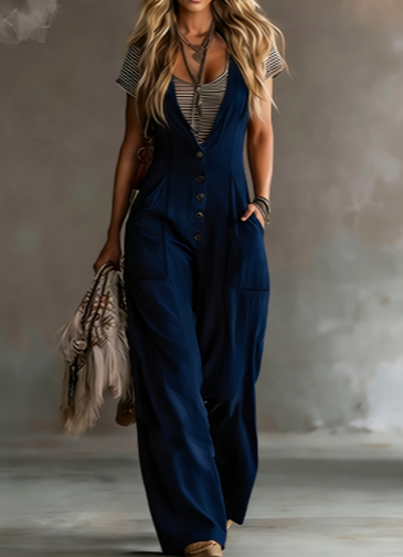Vintage Single-breasted Strap Wide-leg Jumpsuit