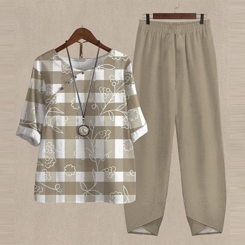 Temperate Commute Plaid Top & Trousers Set