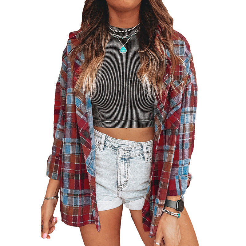 European And American Loose Casual Style Single Row Multi-buckle Plaid Shirt For Women