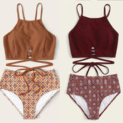 High Waisted Swimsuit for Women - Light Brown & Wine Red Floral Print