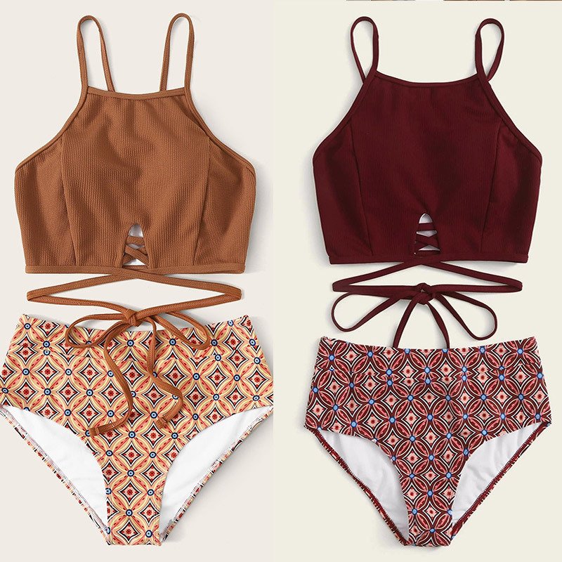 High Waisted Swimsuit for Women - Light Brown & Wine Red Floral Print