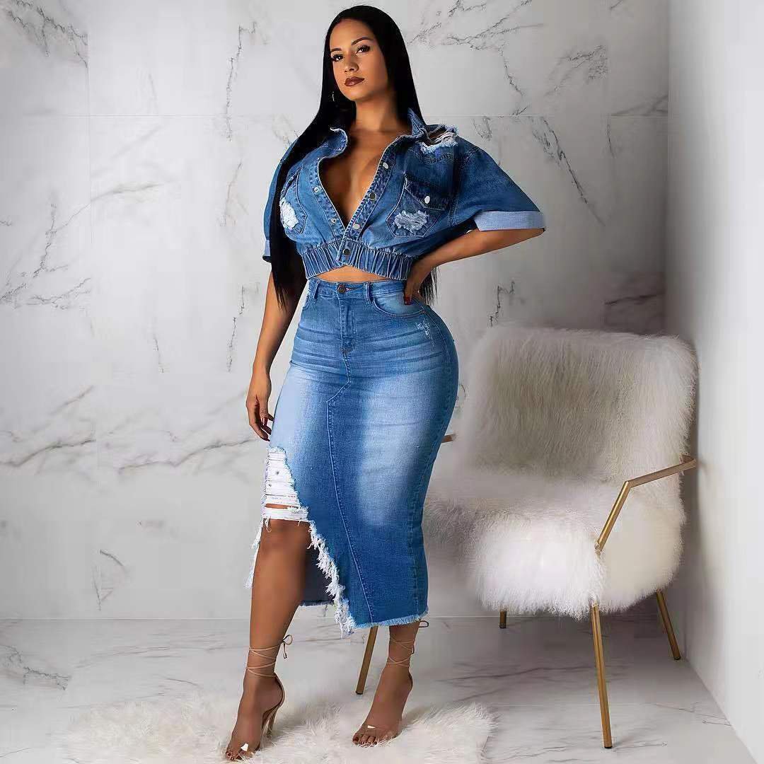 Distressed Denim Skirt Suit for Women