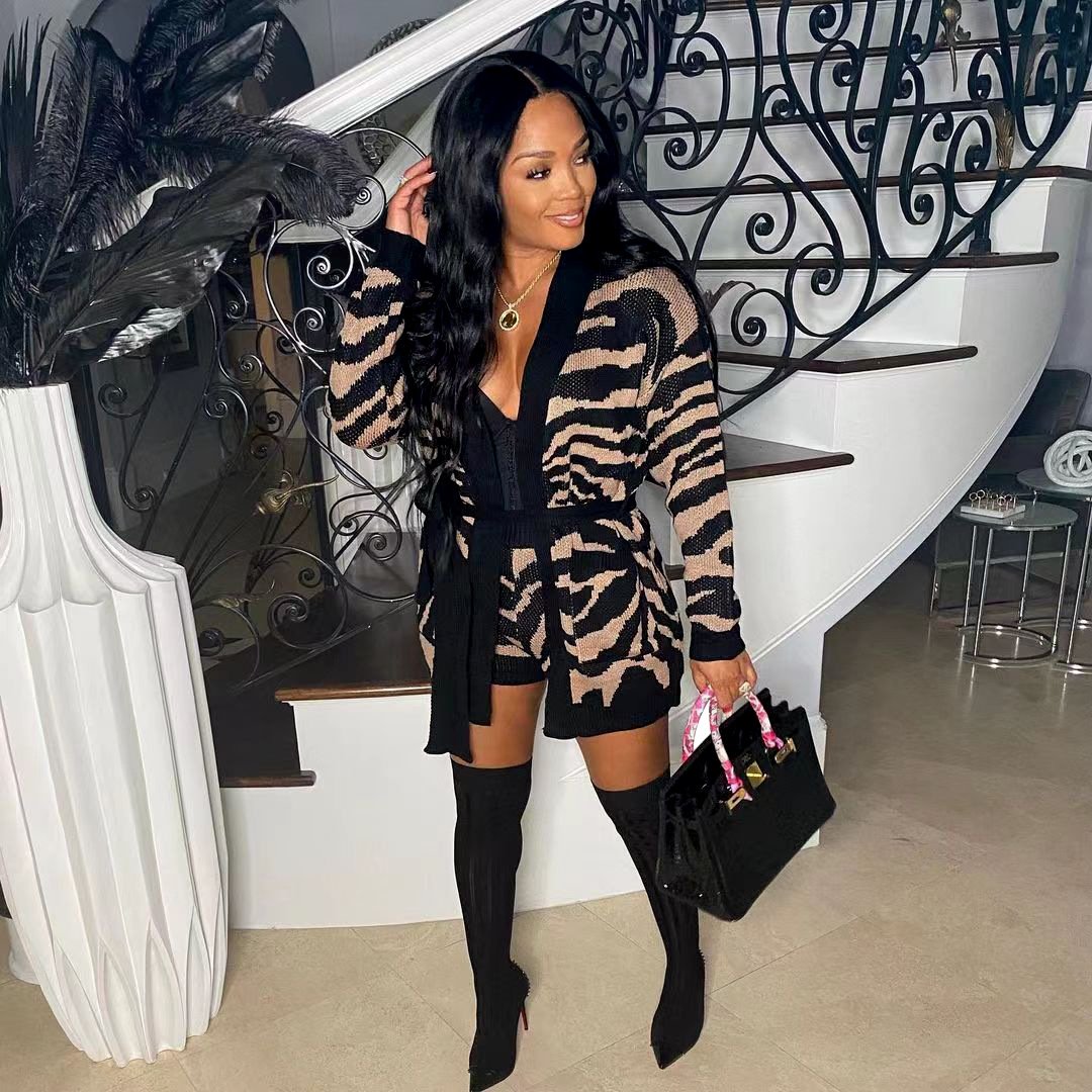 Leopard Print Knitted Women's Jumpsuit Set