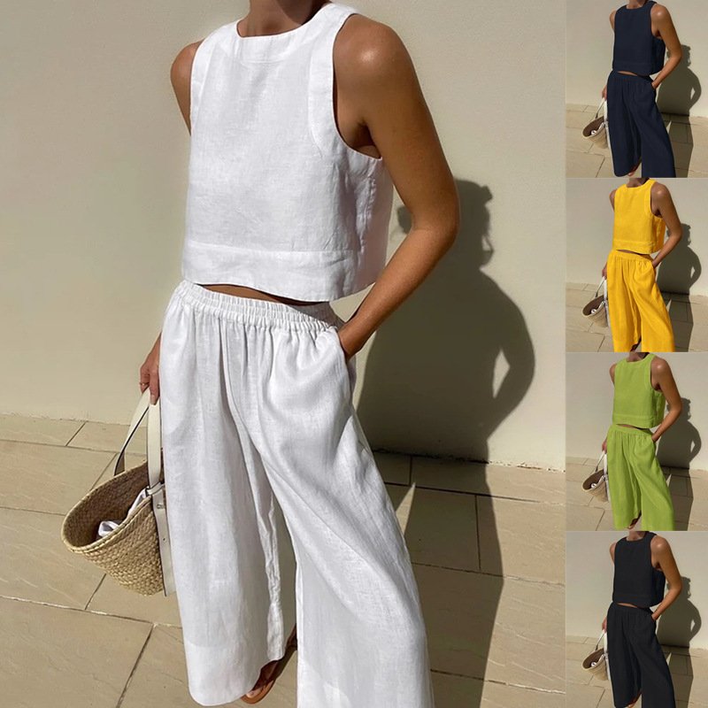 Solid Color Sleeveless Jumpsuit Set for Women