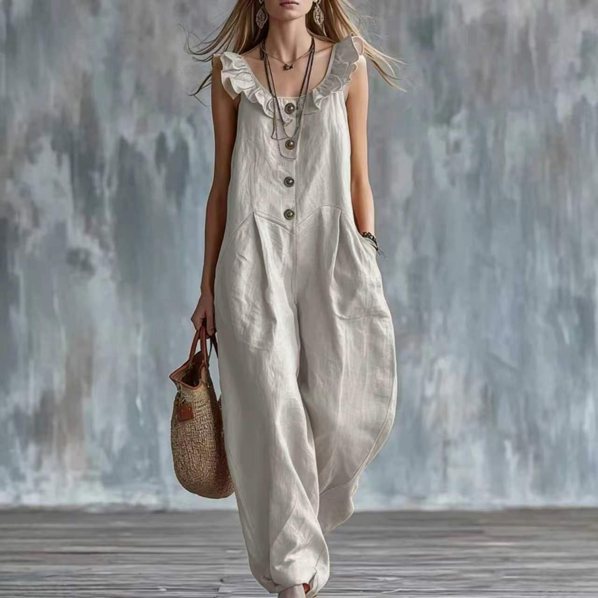 Boho Sleeveless Button-Down Wide Leg Jumpsuit